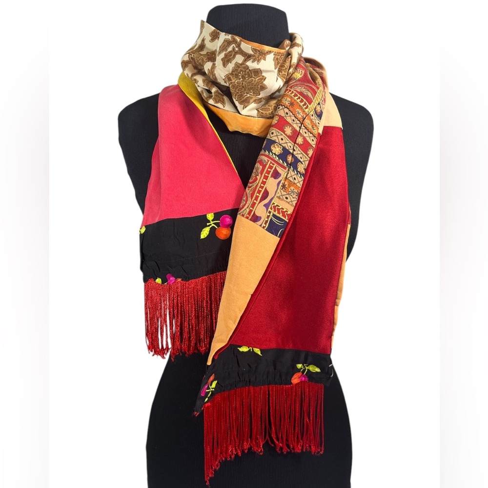 Custom Mixed Media Scarf - silk, fleece, rayon, animal prints, fringe, colorful